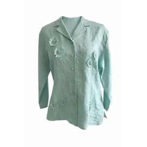 Anne Carson Sea Glass Linen Blouse Jacket NWT Size Large Embellished